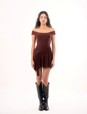Off-Shoulder Cocoa Dress with Belt